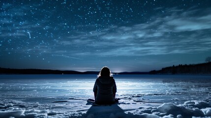 rear view of a woman, seated on a frozen lakeshore with ice skates beside her, peacefully gazing at the moonlit horizon. Behind the scene, silvery reflections dance upon the icy surface