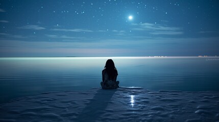 rear view of a woman, seated on a frozen lakeshore with ice skates beside her, peacefully gazing at the moonlit horizon. Behind the scene, silvery reflections dance upon the icy surface