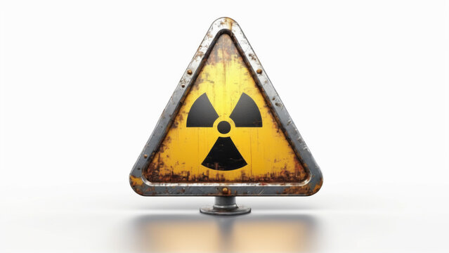 Radioactive symbol. Sign showing radioactive material. Grungy sign. Rusty. Out of order. Isolated on white background.