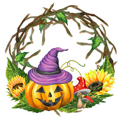Wreath frame with Halloween pumpkin, witch hat