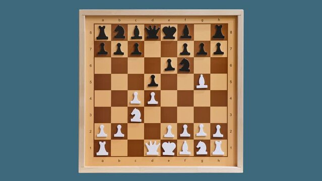 Queen gambit in the form of chess pieces on a demonstration chessboard, stop motion. Chess position, isolated on a blue background