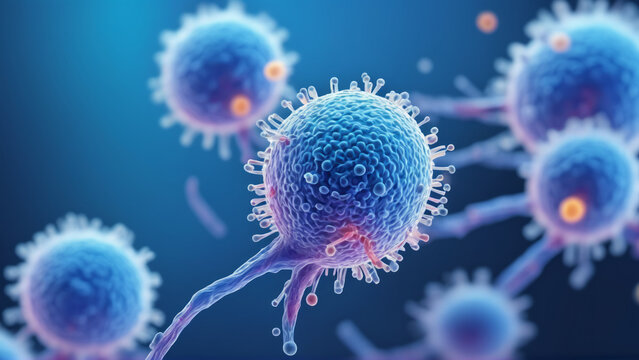 Bacteria or virus under the microscope. SEM. Scanning electron microscope. Representation of extreme magnification of a virus. Blue and red.