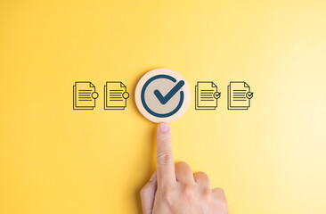Sign the contract document. Documents and correct mark icon on wooden circle for digital business...
