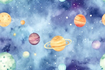 Seamless pattern of watercolor outer cosmos space with different planet