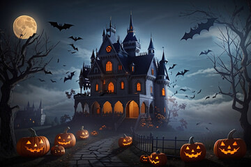 Halloween, street with houses, full moon shining brightly, whole street covered in pumpkins. Generative AI