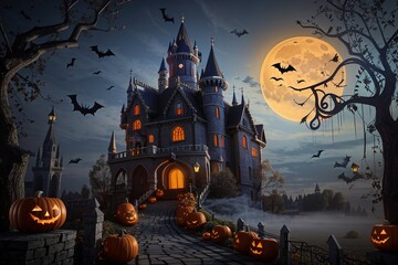 Halloween dark castle moonlight shining. Generative AI