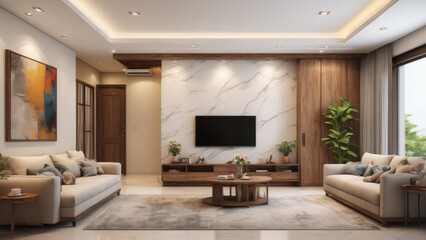 A room in a luxury house. Wall mounted TV and interior design. Aspirational house, aspirational living. Upscale home.