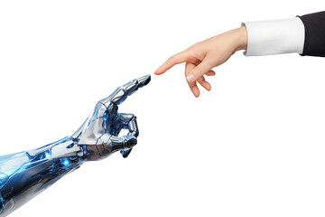 White male cyborg robotic hand pointing his finger to female human hand with stretched finger - cyber la creation - isolated on free PNG background. - obrazy, fototapety, plakaty
