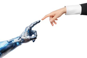 Foto op Canvas White male cyborg robotic hand pointing his finger to female human hand with stretched finger - cyber la creation - isolated on free PNG background. © Igor Link