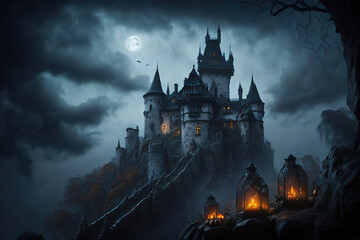 A creepy castle stands on top of a mountain with the moon shining in a gloomy sky. Generative AI