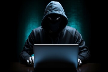 Photo of a focused hacker in a dimly lit room, illuminated by the glow of a laptop screen, intently typing on a  keyboard. Conceptual image representing cybersecurity, hacking & data protection.