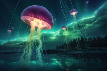 Jellyfish floating under a captivating northern lights display