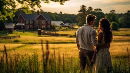 Naklejka premium A couple, intimately wrapped in each other's arms, stands overlooking a picturesque countryside farmhouse. The distant hum of livestock grazing and the soft, golden-hour glow paint