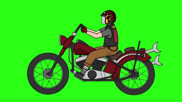 Old Custom Motorbike Cartoon Animation, Side View, Isolated Green Screen