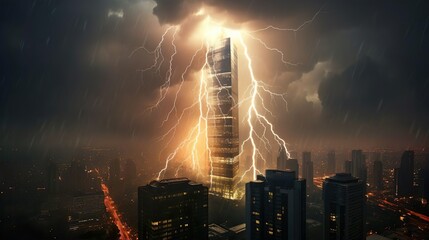 Dark cloudy sky with lightning over city. Stormy weather. A huge branched lightning strikes the modern city building skyscraper tower. Beautiful landscape. Weather forecastю - obrazy, fototapety, plakaty