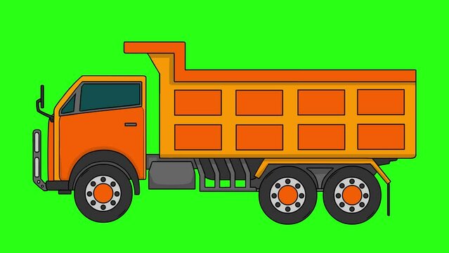 Orange Truck Cartoon Animation, Side View, Isolated Green Screen