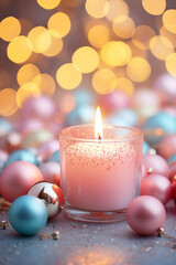 Burning candle in glass on bokeh background