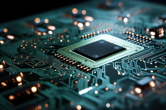 Macro view of a printed circuit board with glowing fibre optic trails