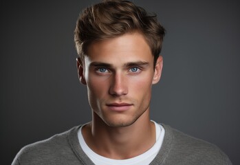 Obraz premium Portrait of an attractive light-eyed boy posing against a gray background in a studio