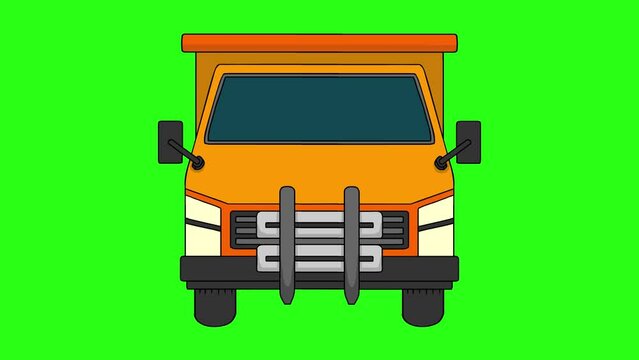 Orange Truck Cartoon Animation, Front View, Isolated Green Screen