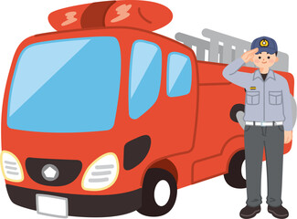 はしご消防車と消防士の男性　防災　レスキュー