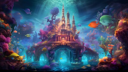 Fantasy underwater world. Fantasy landscape with a fantasy temple in the ocean.