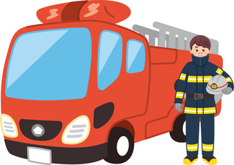 はしご消防車と消防士の女性　防災　レスキュー