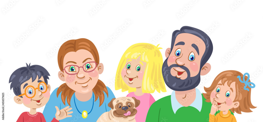 Poster Portrait of a happy family. Young parents with three children and a funny dog. In cartoon style. Isolated on white background. Vector flat illustration