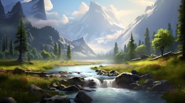 Panoramic view of a mountain river in the mountains. Digital painting.