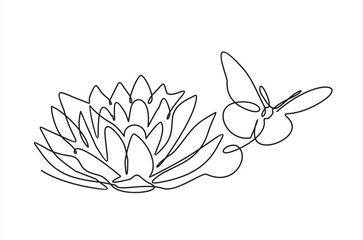Lotus flower and butterfly isolated on white background. Continuous line drawing - obrazy, fototapety, plakaty