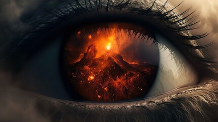 Red volcanic eruption in human eye with eyelashes. World environment and earth day. Save the planet. Environmental ecology concept.