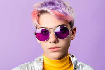 Colorful studio portrait of a cool teenager boy with age specific outfit and accessories. Bold, vibrant and minimalist. Copy space