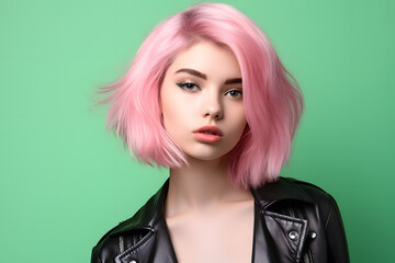 Colorful studio portrait of a cool teenager girl with age specific outfit and accessories. Bold, vibrant and minimalist. Copy space