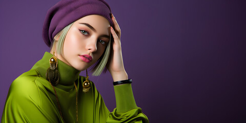 Colorful studio portrait of a cool teenager girl with age specific outfit and accessories. Bold, vibrant and minimalist. Copy space