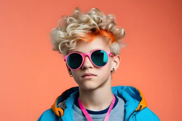 Foto op Canvas Colorful studio portrait of a cool teenager boy with age specific outfit and accessories. Bold, vibrant and minimalist. Copy space © Mihai Zaharia