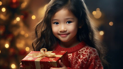 Portrait of a cute little asian girl with a gift box
