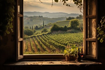 Old vineyard and rolling hills viewed from a Tuscan farmhouse window