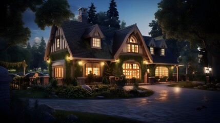 Panoramic View of Luxury Home in the Countryside at Night