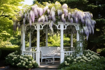 Pristine white gazebo framed by blooming wisteria vines