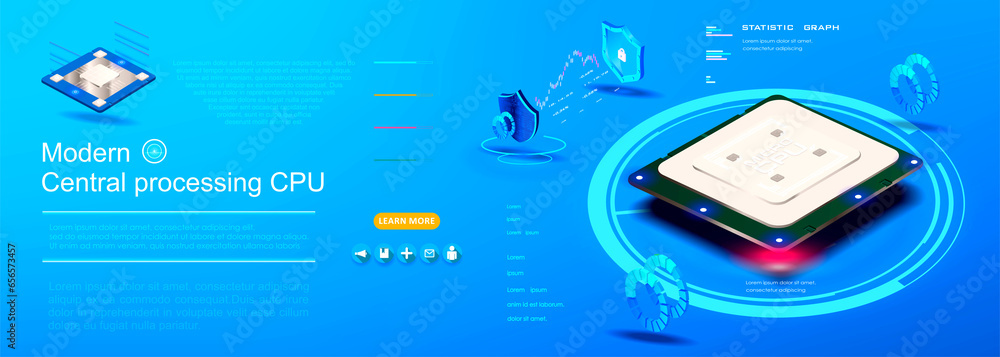 Poster model powerful processor with neon holographic backlight. processor in isometric view. the process o