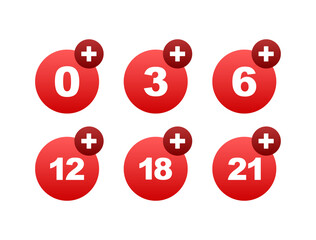 Censored 0, 3, 6, 12, 18, 21 plus sign limit concept. Age restrictions censorship Vector stock illustration