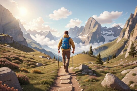 Illustration of a man hiking a trail through the mountains