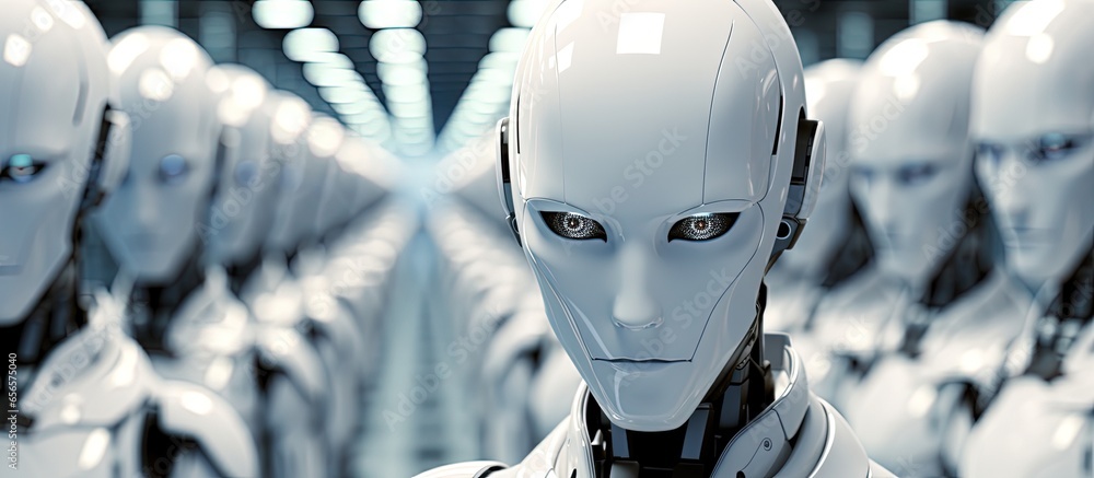 Poster image of robotic workers in an army with copyspace for text