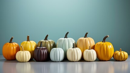 Colorful pumpkins on blue podium for Halloween or Thanksgiving celebration

