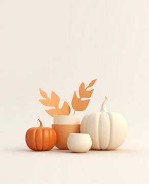 Minimalist 3D Render of Pumpkins and Vases on Beige Background