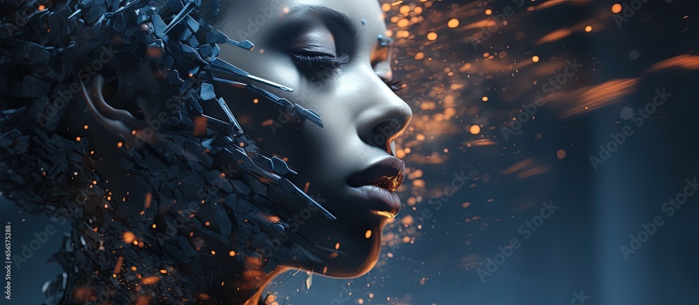 Poster ai generated digital face disintegrates in with copyspace for text