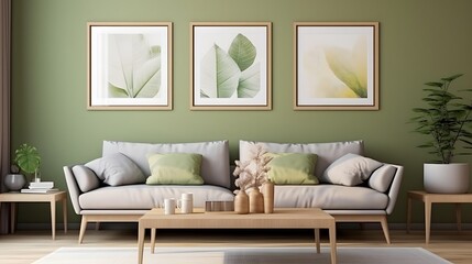 Modern living room interior design with three mock up posters on wall, 3d render