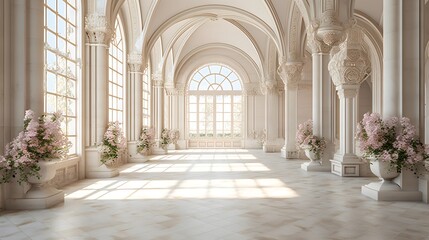 Luxurious interior with columns and large windows, 3d rendering - obrazy, fototapety, plakaty