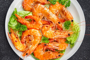 shrimp spicy fried seafood fresh tasty meal food snack on the table copy space food background rustic top view