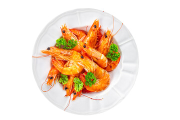 shrimp spicy fried seafood fresh tasty meal food snack on the table copy space food background rustic top view
